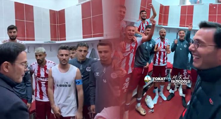 Başkan Yazıcıoğlu, Soyunma odasında takımın galibiyet sevincine ortak oldu