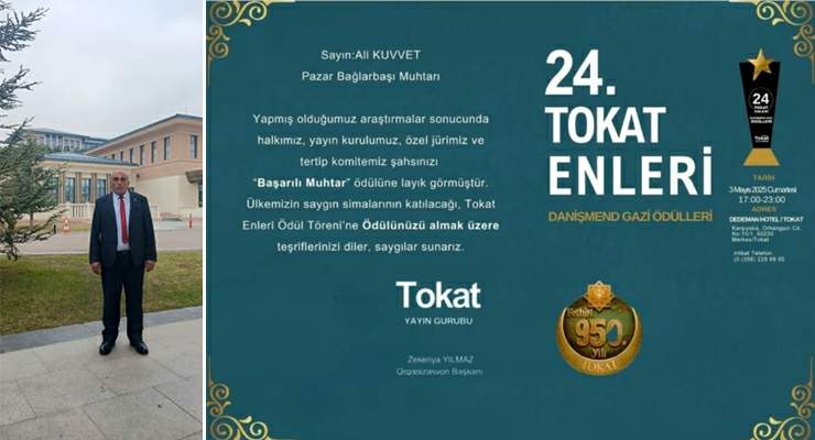 Bağlarbaşı muhtarı Ali Kuvvet’e ‘Tokat Enleri’nde ödül