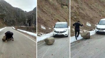 Yola düşen kayayı otomobilleriyle çektiler