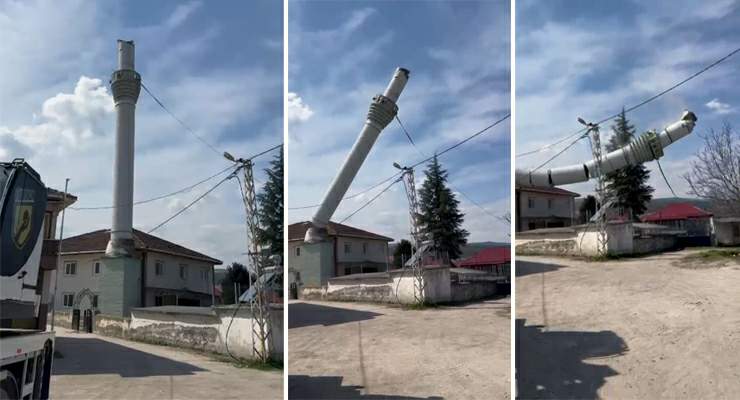 Depremde hasar gören “Kümbetli Köy Camii” minaresi kontrollü şekilde yıkıldı