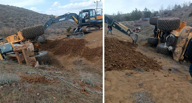 Tokat’ta uçuruma yuvarlanan traktörü kurtarmaya giden kepçe de devrildi