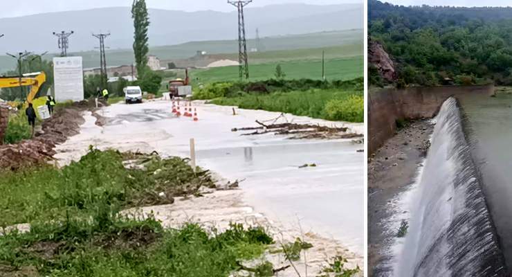 Zile’de Belpınar Barajı taştı, yollar göle döndü