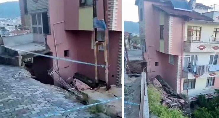 Çöken istinat duvarı binada hasar oluşturdu