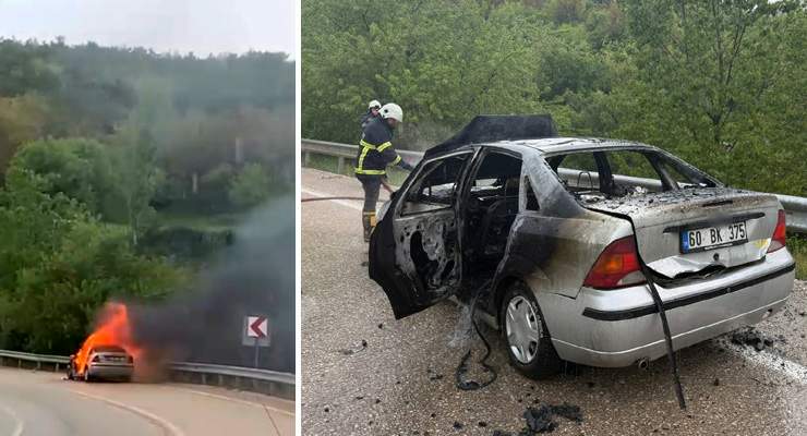Tokat’ta alev alan otomobil demir yığınına döndü