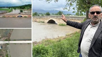 Tokat’ta Yeşilırmak taştı, 8 asırlık taş köprünün üç gözü su altında kaldı