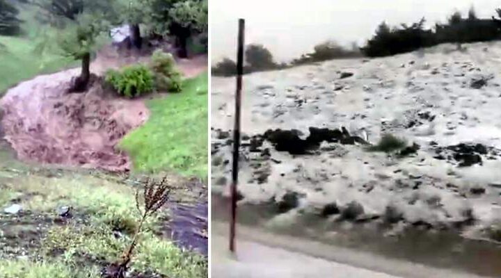 Tokat’ta dolu yağışı yolları beyaza bürüdü