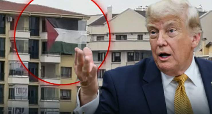 ABD Başkanı Trump’ın kalacağı otelin karşısına Filistin bayrağı asıldı