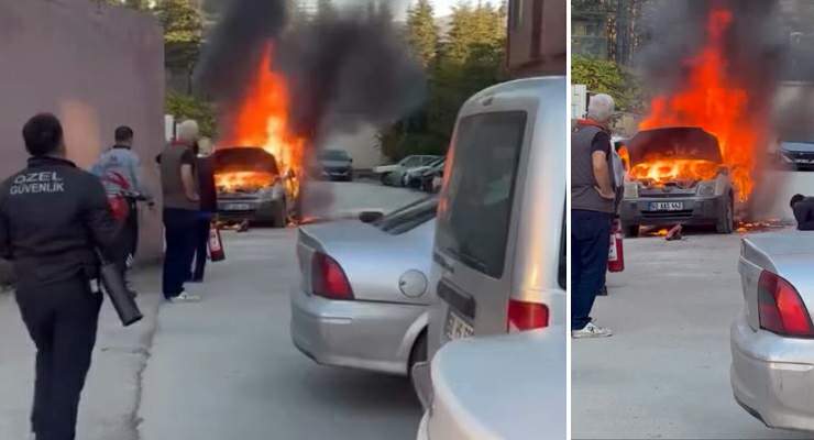 Hastane otoparkında otomobil alev topuna döndü
